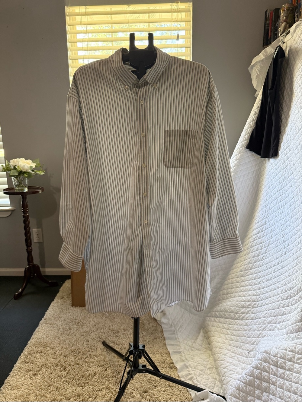 Lands' End Men's Button-Down Oxford -Gray & White Stripes